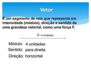 Vetor
É um segmento de reta que representa em
intensidade (módulo), direção e sentido de
uma grandeza vetorial, como uma força F.
a = 4 unidades
Módulo:
Sentido: para direita
Direção: horizontal
4 unidades
 