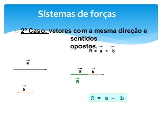  2º Caso: vetores com a mesma direção e
sentidos
opostos.
a
b
a b
R = a + b
R
R = a - b
Sistemas de forças
 