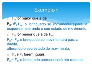 Exemplo 1
a) Fo for maior que a de
Fa. Fo> Fa, o brinquedo se movimentarápara a
esquerda, alterando o seu estado de movimento.
b) Fo for menor que a de Fa.
Fo < Fa, o brinquedo se movimentará para a
direita,
alterando o seu estado de movimento.
c) Fo e Fa forem iguais.
Fo = Fa, o brinquedo permanecerá em repouso.
 