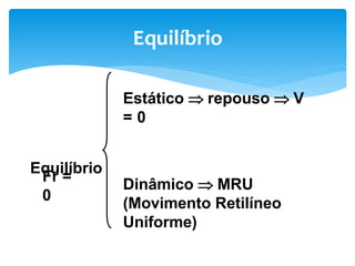 Equilíbrio
Estático  repouso  V
= 0
Equilíbrio
Dinâmico  MRU
(Movimento Retilíneo
Uniforme)
Fr =
0
 