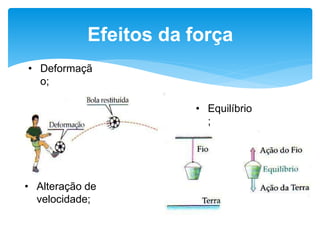Efeitos da força
• Alteração de
velocidade;
• Equilíbrio
;
• Deformaçã
o;
 