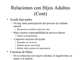 Relaciones con Hijos Adultos (Cont) Ayuda hijo-padre No hay tanta participación del proceso de cuidado natural. Renuencia a cambiar estilos de vida Hijos sienten resposanbilidad de proveer dinero Padres lo desaprueban. 3 aspectos mayores de ayuda Entender sus recursos Brindar apoyo emocional Hablar sobre asuntos de importancia. Carencia de Hijos No se relaciona con mayor soledad, ni negativismo, ni temor a la muerte. 
