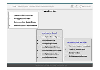 Ambiente
• Mapeamento ambiental.
• Percepção ambiental.
• Consonância e Dissonância.
• Desdobramento do ambiente.
Ambiente Geral:
• Condições tecnológicas.
• Condições legais.
• Condições políticas.
• Condições econômicas.
• Condições demográficas.
• Condições ecológicas.
• Condições culturais.
Ambiente de Tarefa:
• Fornecedores de entradas.
• Clientes ou usuários.
• Concorrentes.
• Entidades reguladoras.
 