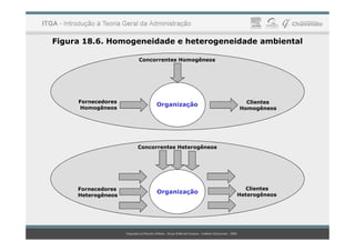 Figura 18.6. Homogeneidade e heterogeneidade ambiental
Concorrentes Homogêneos
Fornecedores
Homogêneos
Clientes
Homogêneos
Organização
Concorrentes Heterogêneos
Fornecedores
Heterogêneos
Clientes
Heterogêneos
Organização
 
