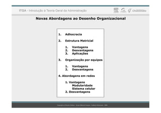 Novas Abordagens ao Desenho Organizacional
1. Adhocracia
2. Estrutura Matricial
1. Vantagens
2. Desvantagens
3. Aplicações
3. Organização por equipes
1. Vantagens
2. Desvantagens
4. Abordagens em redes
1. Vantagens
Modularidade
Sistema celular
2. Desvantagens
 