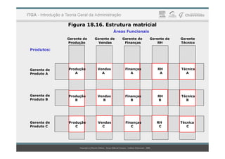 Figura 18.16. Estrutura matricial
Produção Vendas Finanças RH Técnica
A A A A A
Áreas Funcionais
Gerente de Gerente de Gerente de Gerente de Gerente
Produção Vendas Finanças RH Técnico
Produtos:
Gerente de
Produto A
Produção Vendas Finanças RH Técnica
B B B B B
Produção Vendas Finanças RH Técnica
C C C C C
Gerente de
Produto B
Gerente de
Produto C
 
