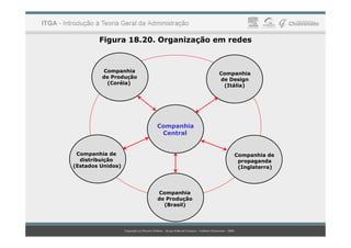 Figura 18.20. Organização em redes
Companhia
de Produção
(Coréia)
Companhia
de Design
(Itália)
Companhia
Companhia de
distribuição
(Estados Unidos)
Companhia
de Produção
(Brasil)
Companhia de
propaganda
(Inglaterra)
Companhia
Central
 
