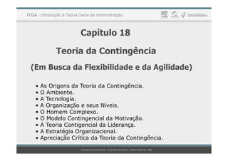 Capítulo 18
Teoria da Contingência
(Em Busca da Flexibilidade e da Agilidade)
• As Origens da Teoria da Contingência.
• O Ambiente.
• A Tecnologia.
• A Organização e seus Níveis.
• O Homem Complexo.
• O Modelo Contingencial da Motivação.
• A Teoria Contigencial da Liderança.
• A Estratégia Organizacional.
• Apreciação Crítica da Teoria da Contingência.
 