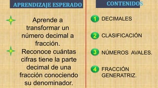 Aprende a
transformar un
número decimal a
fracción.
Reconoce cuántas
cifras tiene la parte
decimal de una
fracción conociendo
su denominador.
CLASIFICACIÓN
DECIMALES
NÚMEROS AVALES.
2
3
1
FRACCIÓN
GENERATRIZ.
4
 