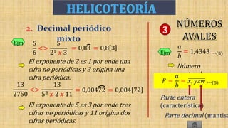 El exponente de 2 es 1 por ende una
cifra no periódicas y 3 origina una
cifra periódica.
El exponente de 5 es 3 por ende tres
cifras no periódicas y 11 origina dos
cifras periódicas.
Ejm
Ejm
Número
pentaval.
Parte entera
(característica)
Parte decimal (mantisa
3
 