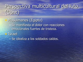 Perspectiva multicultural del luto (Cont) Musulmanes (Egipto) Se manifiesta el dolor con reacciones emocionales fuertes de tristeza. Israel  Se idealiza a los soldados caídos. 