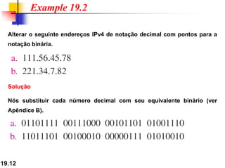 19.12
Alterar o seguinte endereços IPv4 de notação decimal com pontos para a
notação binária.
Example 19.2
Solução
Nós substituir cada número decimal com seu equivalente binário (ver
Apêndice B).
 