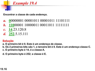 19.16
Encontrar a classe de cada endereço.
a. 00000001 00001011 00001011 11101111
b. 11000001 10000011 00011011 11111111
c. 14.23.120.8
d. 252.5.15.111
Example 19.4
Solução
a. O primeiro bit é 0. Este é um endereço de classe.
b. Os 2 primeiros bits são 1, o terceiro bit é 0. Este é um endereço classe C.
c. O primeiro byte é 14, é a classe A.
d. O primeiro byte é 252; a classe é E.
 