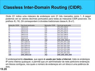 19.28
Classless Inter-Domain Routing (CIDR).
Onde /21 indica uma máscara de endereços com 21 bits marcados como 1. A seguir
podemos ver os valores decimais pontuados para todas as máscaras CIDR possíveis. Os
prefixos /8, /16, /24 correspondem à divisões tradicionais classe A, B e C.
O endereçamento classless, que agora é usado por toda a Internet, trata os endereços
IP como inteiros quaisquer, e permite que um administrador de rede particione endereços
em blocos contíguos, nos quais o número de endereços em um bloco é uma potência de
dois.
 