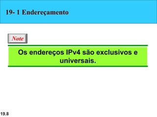 19.8
Os endereços IPv4 são exclusivos e
universais.
Note
19- 1 Endereçamento
 