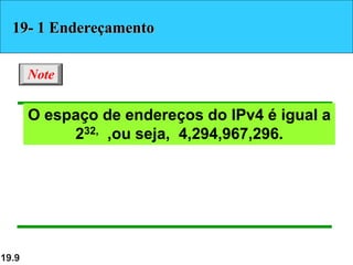 19.9
O espaço de endereços do IPv4 é igual a
232, ,ou seja, 4,294,967,296.
Note
19- 1 Endereçamento
 
