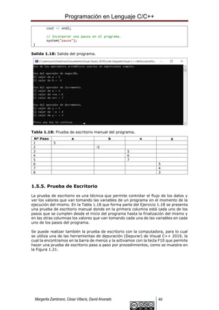 Programación en Lenguaje C/C++
Margarita Zambrano, César Villacís, David Alvarado 40
cout << endl;
// Incorporar una pausa en el programa.
system("pause");
}
Salida 1.18: Salida del programa.
Tabla 1.18: Prueba de escritorio manual del programa.
Nº Paso a b x y
1 5
2 -5
3 5
4 6
5 7
6 5
7 4
8 3
1.5.5. Prueba de Escritorio
La prueba de escritorio es una técnica que permite controlar el flujo de los datos y
ver los valores que van tomando las variables de un programa en el momento de la
ejecución del mismo. En la Tabla 1.18 que forma parte del Ejercicio 1.18 se presenta
una prueba de escritorio manual donde en la primera columna está cada uno de los
pasos que se cumplen desde el inicio del programa hasta la finalización del mismo y
en las otras columnas los valores que van tomando cada una de las variables en cada
uno de los pasos del programa.
Se puede realizar también la prueba de escritorio con la computadora, para lo cual
se utiliza una de las herramientas de depuración (Depurar) de Visual C++ 2019, la
cual la encontramos en la barra de menús y la activamos con la tecla F10 que permite
hacer una prueba de escritorio paso a paso por procedimientos, como se muestra en
la Figura 1.21.
 