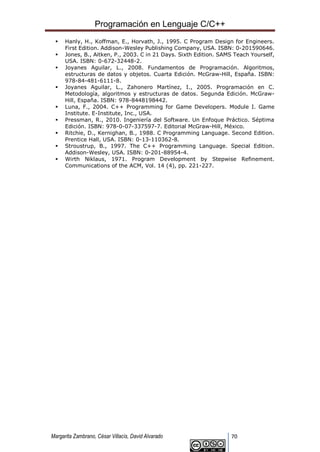 Programación en Lenguaje C/C++
Margarita Zambrano, César Villacís, David Alvarado 70
▪ Hanly, H., Koffman, E., Horvath, J., 1995. C Program Design for Engineers.
First Edition. Addison-Wesley Publishing Company, USA. ISBN: 0-201590646.
▪ Jones, B., Aitken, P., 2003. C in 21 Days. Sixth Edition. SAMS Teach Yourself,
USA. ISBN: 0-672-32448-2.
▪ Joyanes Aguilar, L., 2008. Fundamentos de Programación. Algoritmos,
estructuras de datos y objetos. Cuarta Edición. McGraw-Hill, España. ISBN:
978-84-481-6111-8.
▪ Joyanes Aguilar, L., Zahonero Martínez, I., 2005. Programación en C.
Metodología, algoritmos y estructuras de datos. Segunda Edición. McGraw-
Hill, España. ISBN: 978-8448198442.
▪ Luna, F., 2004. C++ Programming for Game Developers. Module I. Game
Institute. E-Institute, Inc., USA.
▪ Pressman, R., 2010. Ingeniería del Software. Un Enfoque Práctico. Séptima
Edición. ISBN: 978-0-07-337597-7. Editorial McGraw-Hill, México.
▪ Ritchie, D., Kernighan, B., 1988. C Programming Language. Second Edition.
Prentice Hall, USA. ISBN: 0-13-110362-8.
▪ Stroustrup, B., 1997. The C++ Programming Language. Special Edition.
Addison-Wesley, USA. ISBN: 0-201-88954-4.
▪ Wirth Niklaus, 1971. Program Development by Stepwise Refinement.
Communications of the ACM, Vol. 14 (4), pp. 221-227.
 