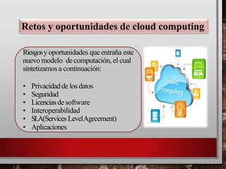 Riesgosy oportunidades que entraña este
nuevo modelo de computación, el cual
sintetizamos a continuación:
• Privacidadde losdatos
• Seguridad
• Licenciasde software
• Interoperabilidad
• SLA(ServicesLevelAgreement)
• Aplicaciones
Retos y oportunidades de cloud computing
 