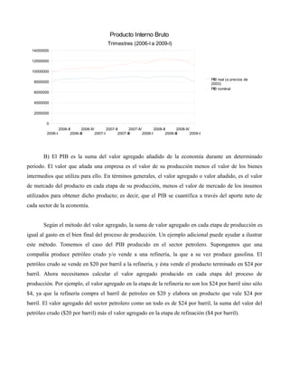 B) El PIB es la suma del valor agregado añadido de la economía durante un determinado
periodo. El valor que añada una empresa es el valor de su producción menos el valor de los bienes
intermedios que utiliza para ello. En términos generales, el valor agregado o valor añadido, es el valor
de mercado del producto en cada etapa de su producción, menos el valor de mercado de los insumos
utilizados para obtener dicho producto; es decir, que el PIB se cuantifica a través del aporte neto de
cada sector de la economía.
Según el método del valor agregado, la suma de valor agregado en cada etapa de producción es
igual al gasto en el bien final del proceso de producción. Un ejemplo adicional puede ayudar a ilustrar
este método. Tomemos el caso del PIB producido en el sector petrolero. Supongamos que una
compañía produce petróleo crudo y/o vende a una refinería, la que a su vez produce gasolina. El
petróleo crudo se vende en $20 por barril a la refinería, y ésta vende el producto terminado en $24 por
barril. Ahora necesitamos calcular el valor agregado producido en cada etapa del proceso de
producción. Por ejemplo, el valor agregado en la etapa de la refinería no son los $24 por barril sino sólo
$4, ya que la refinería compra el barril de petroleo en $20 y elabora un producto que vale $24 por
barril. El valor agregado del sector petrolero como un todo es de $24 por barril, la suma del valor del
petróleo crudo ($20 por barril) más el valor agregado en la etapa de refinación ($4 por barril).
2006-I
2006-II
2006-III
2006-IV
2007-I
2007-II
2007-III
2007-IV
2008-I
2008-II
2008-III
2008-IV
2009-I
0
2000000
4000000
6000000
8000000
10000000
12000000
14000000
Producto Interno Bruto
Trimestres (2006-I a 2009-I)
PIB real (a precios de
2003)
PIB nominal
 