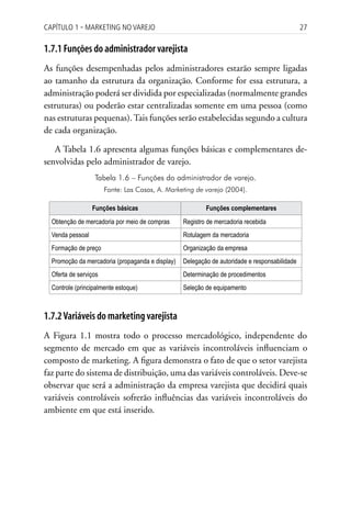 Capítulo 1 ▪ MarkEting no VarEjo                                                               27

1.7.1 Funções do administrador varejista
As funções desempenhadas pelos administradores estarão sempre ligadas
ao tamanho da estrutura da organização. Conforme for essa estrutura, a
administração poderá ser dividida por especializadas (normalmente grandes
estruturas) ou poderão estar centralizadas somente em uma pessoa (como
nas estruturas pequenas). Tais funções serão estabelecidas segundo a cultura
de cada organização.

   A Tabela 1.6 apresenta algumas funções básicas e complementares de-
senvolvidas pelo administrador de varejo.
                  Tabela 1.6 – Funções do administrador de varejo.
                       Fonte: Las Casas, A. Marketing de varejo (2004).

                  Funções básicas                         Funções complementares
  Obtenção de mercadoria por meio de compras      Registro de mercadoria recebida
  Venda pessoal                                   Rotulagem da mercadoria
  Formação de preço                               Organização da empresa
  Promoção da mercadoria (propaganda e display)   Delegação de autoridade e responsabilidade
  Oferta de serviços                              Determinação de procedimentos
  Controle (principalmente estoque)               Seleção de equipamento



1.7.2 Variáveis do marketing varejista
A Figura 1.1 mostra todo o processo mercadológico, independente do
segmento de mercado em que as variáveis incontroláveis influenciam o
composto de marketing. A figura demonstra o fato de que o setor varejista
faz parte do sistema de distribuição, uma das variáveis controláveis. Deve-se
observar que será a administração da empresa varejista que decidirá quais
variáveis controláveis sofrerão influências das variáveis incontroláveis do
ambiente em que está inserido.
 