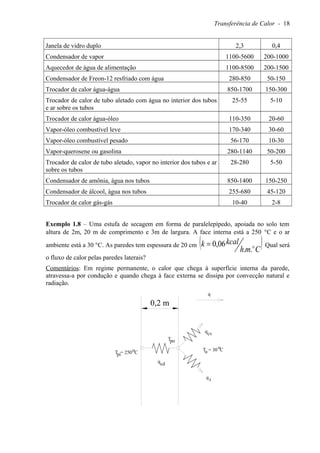 Transferência de Calor - 18
Janela de vidro duplo 2,3 0,4
Condensador de vapor 1100-5600 200-1000
Aquecedor de água de alimentação 1100-8500 200-1500
Condensador de Freon-12 resfriado com água 280-850 50-150
Trocador de calor água-água 850-1700 150-300
Trocador de calor de tubo aletado com água no interior dos tubos
e ar sobre os tubos
25-55 5-10
Trocador de calor água-óleo 110-350 20-60
Vapor-óleo combustível leve 170-340 30-60
Vapor-óleo combustível pesado 56-170 10-30
Vapor-querosene ou gasolina 280-1140 50-200
Trocador de calor de tubo aletado, vapor no interior dos tubos e ar
sobre os tubos
28-280 5-50
Condensador de amônia, água nos tubos 850-1400 150-250
Condensador de álcool, água nos tubos 255-680 45-120
Trocador de calor gás-gás 10-40 2-8
Exemplo 1.8 – Uma estufa de secagem em forma de paralelepípedo, apoiada no solo tem
altura de 2m, 20 m de comprimento e 3m de largura. A face interna está a 250 °C e o ar
ambiente está a 30 °C. As paredes tem espessura de 20 cm ( )Cmh
kcalk o
..
06,0= Qual será
o fluxo de calor pelas paredes laterais?
Comentários: Em regime permanente, o calor que chega à superfície interna da parede,
atravessa-a por condução e quando chega à face externa se dissipa por convecção natural e
radiação.
q
piT = 250 C
cdq
o
qcv
q r
0,2 m
Tpo
oT = 30 Co
 
