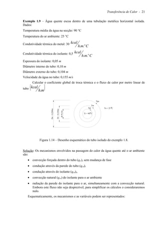 Transferência de Calor - 21
Exemplo 1.9 – Água quente escoa dentro de uma tubulação metálica horizontal isolada.
Dados:
Temperatura média da água na secção: 90 °C
Temperatura do ar ambiente: 25 °C
Condutividade térmica do metal: 30
Cmh
kcal o
..
Condutividade térmica do isolante: 0,5
Cmh
kcal o
..
Espessura do isolante: 0,05 m
Diâmetro interno do tubo: 0,10 m
Diâmetro externo do tubo: 0,104 m
Velocidade da água no tubo: 0,155 m/s
Calcular o coeficiente global de troca térmica e o fluxo de calor por metro linear de
tubo ( )mh
kcal
.
Ti = 90 C
Di=0,104m
Do=0,204m
di=0,1m
o
To = 25 CoTpi
Tm
Tpo
Figura 1.14 – Desenho esquemático do tubo isolado do exemplo 1.8.
Solução: Os mecanismos envolvidos na passagem do calor da água quente até o ar ambiente
são:
• convecção forçada dentro do tubo (qci), sem mudança de fase
• condução através da parede do tubo (qcd)t
• condução através do isolante (qcd)is
• convecção natural (qco) do isolante para o ar ambiente
• radiação da parede do isolante para o ar, simultaneamente com a convecção natural.
Embora este fluxo não seja desprezível, para simplificar os cálculos o consideraremos
nulo.
Esquematicamente, os mecanismos e as variáveis podem ser representados:
 