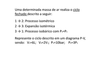 Uma determinada massa de ar realiza o ciclo
fechado descrito a seguir:
1 → 2: Processo isométrico
2 → 3: Expansão isotérmica
3 → 1: Processo isobárico com P3=P1
Represente o ciclo descrito em um diagrama P-V,
sendo: V1=6L; V3=2V1; P1=10bar; P2=3P1
 