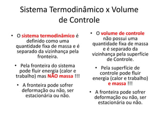 Sistema Termodinâmico x Volume
              de Controle
• O sistema termodinâmico é       • O volume de controle
       definido como uma                não possui uma
  quantidade fixa de massa e é     quantidade fixa de massa
  separado da vizinhança pela           e é separado da
            fronteira.             vizinhança pela superfície
                                          de Controle.
 • Pela fronteira do sistema        • Pela superfície de
    pode fluir energia (calor e       controle pode fluir
  trabalho) mas NÃO massa !!!      energia (calor e trabalho)
  • A fronteira pode sofrer               e massa !!!
    deformação ou não, ser        • A fronteira pode sofrer
     estacionária ou não.           deformação ou não, ser
                                     estacionária ou não.
 