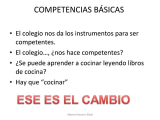 COMPETENCIAS BÁSICAS  El colegio nos da los instrumentos para ser competentes. El colegio…, ¿nos hace competentes? ¿Se puede aprender a cocinar leyendo libros de cocina? Hay que “cocinar” Alberto Navarro Elbal 