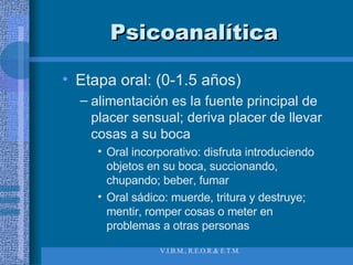 Psicoanalítica Etapa oral: (0-1.5 años) alimentación es la fuente principal de placer sensual; deriva placer de llevar cosas a su boca Oral incorporativo: disfruta introduciendo objetos en su boca, succionando, chupando; beber, fumar Oral sádico: muerde, tritura y destruye; mentir, romper cosas o meter en problemas a otras personas 