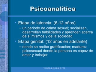 Psicoanalítica Etapa de latencia: (6-12 años) un periodo de calma sexual; socializan, desarrollan habilidades y aprenden acerca de sí mismos y de la sociedad Etapa genital: (12 años en adelante) donde se recibe gratificación; madurez psicosexual donde la persona es capaz de amar y trabajar 
