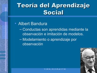 Teoría del Aprendizaje Social Albert Bandura Conductas son aprendidas mediante la observación e imitación de modelos. Modelamiento o aprendizaje por observación 