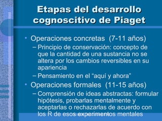 Etapas del desarrollo cognoscitivo de Piaget Operaciones concretas  (7-11 años) Principio de conservación: concepto de que la cantidad de una sustancia no se altera por los cambios reversibles en su apariencia Pensamiento en el “aquí y ahora” Operaciones formales  (11-15 años) Comprensión de ideas abstractas: formular hipótesis, probarlas mentalmente y aceptarlas o rechazarlas de acuerdo con los R de esos experimentos mentales  