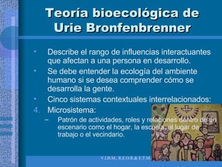 Teoría bioecológica de Urie Bronfenbrenner Describe el rango de influencias interactuantes que afectan a una persona en desarrollo. Se debe entender la ecología del ambiente humano si se desea comprender cómo se desarrolla la gente. Cinco sistemas contextuales interrelacionados: Microsistema:  Patrón de actividades, roles y relaciones dentro de un escenario como el hogar, la escuela, el lugar de trabajo o el vecindario. 