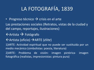 LA FOTOGRAFÍA, 1839
• Progreso técnico  crisis en el arte
Las prestaciones sociales (Retratos, vistas de la ciudad y
del campo, reportajes, ilustraciones)
Artista  Fotógrafo
Artista (oficio) ARTE (élite)
1)ARTE: Actividad espiritual que no puede ser sustituida por un
medio mecánico (simbolistas: poesía, literatura)
2)ARTE: Problema de visión: imagen pictórica- imagen
fotográfica (realistas, impresionistas: pintura pura)
 