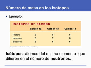 Número de masa en los isotopos
 Ejemplo:
Isótopos: átomos del mismo elemento que
difieren en el número de neutrones.
 