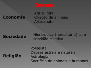 O ayllu e a mita
Cada ayllu (conjunto de famílias
aparentadas) tinha um chefe, o
Kuraka, que dividia as terras entre
as famílias e organizava a produção
coletiva.
Plantavam MILHO, BATATA, QUINOA,
ALGODÃO, AMENDOIM, etc.
A base econômica do Império Inca
era a AGRICULTURA, praticada em
aldeias ou ayllu.
A mita foi largamente aplicada nas minas e nas propriedades mais importantes, especialmente no
Peru. Era um sistema era administrado pelos incas, os trabalhadores se reuniam para realizar
trabalhos em comunidade – edificação de pontes, canais, entre outros. Com os espanhóis,
tornou-se um instrumento desumano de exploração da mão-de-obra indígena. Este tipo de
trabalho expunha de tal forma a saúde do trabalhador, que exercê-lo era praticamente ser
condenado à morte, pois apenas cerca de 10 ou 20% deles retornava para casa. E mesmo estes
geralmente morriam pouco tempo depois, pois suas condições orgânicas haviam sido fatalmente
abaladas.
 