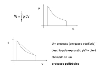

2
1
dV
p
W
p
V
p
V
Um processo (em quase-equilíbrio)
descrito pela expressão pVn = cte é
chamado de um
processo politrópico
 
