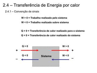 2.4 – Transferência de Energia por calor
2.4.1 – Convenção de sinais
W > 0 = Trabalho realizado pelo sistema
W < 0 = Trabalho realizado sobre sistema
Q > 0 = Transferência de calor realizado para o sistema
Q < 0 = Transferência de calor realizado do sistema
Q > 0 W > 0
+
+
Q < 0 W < 0
_ _
Sistema
 
