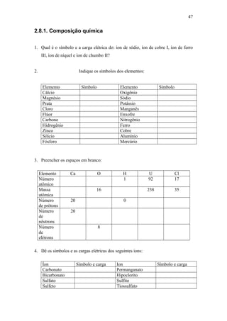 2.8.1. Composição química
1. Qual é o símbolo e a carga elétrica do: íon de sódio, íon de cobre I, íon de ferro
III, íon de níquel e íon de chumbo II?
2. Indique os símbolos dos elementos:
Elemento Símbolo Elemento Símbolo
Cálcio Oxigênio
Magnésio Sódio
Prata Potássio
Cloro Manganês
Flúor Enxofre
Carbono Nitrogênio
Hidrogênio Ferro
Zinco Cobre
Silício Alumínio
Fósforo Mercúrio
3. Preencher os espaços em branco:
Elemento Ca O H U Cl
Número
atômico
1 92 17
Massa
atômica
16 238 35
Número
de prótons
20 0
Número
de
nêutrons
20
Número
de
elétrons
8
4. Dê os símbolos e as cargas elétricas dos seguintes íons:
Íon Símbolo e carga Ion Símbolo e carga
Carbonato Permanganato
Bicarbonato Hipoclorito
Sulfato Sulfito
Sulfeto Tiossulfato
47
 