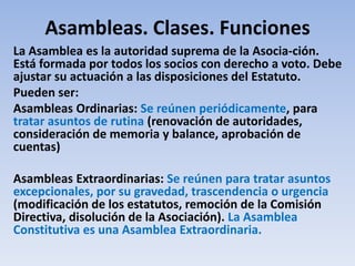 Asambleas. Clases. Funciones
La Asamblea es la autoridad suprema de la Asocia-ción.
Está formada por todos los socios con derecho a voto. Debe
ajustar su actuación a las disposiciones del Estatuto.
Pueden ser:
Asambleas Ordinarias: Se reúnen periódicamente, para
tratar asuntos de rutina (renovación de autoridades,
consideración de memoria y balance, aprobación de
cuentas)
Asambleas Extraordinarias: Se reúnen para tratar asuntos
excepcionales, por su gravedad, trascendencia o urgencia
(modificación de los estatutos, remoción de la Comisión
Directiva, disolución de la Asociación). La Asamblea
Constitutiva es una Asamblea Extraordinaria.
 