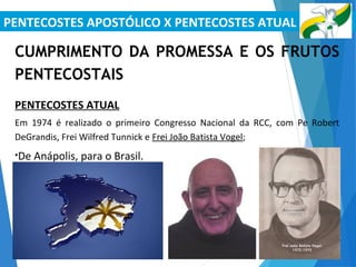 PENTECOSTES APOSTÓLICO X PENTECOSTES ATUAL
CUMPRIMENTO DA PROMESSA E OS FRUTOS
PENTECOSTAIS
PENTECOSTES ATUAL
Em 1974 é realizado o primeiro Congresso Nacional da RCC, com Pe Robert
DeGrandis, Frei Wilfred Tunnick e Frei João Batista Vogel;
•De Anápolis, para o Brasil.
 