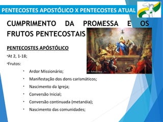 PENTECOSTES APOSTÓLICO X PENTECOSTES ATUAL
CUMPRIMENTO DA PROMESSA E OS
FRUTOS PENTECOSTAIS
PENTECOSTES APÓSTÓLICO
•At 2, 1-18;
•Frutos:
• Ardor Missionário;
• Manifestação dos dons carismáticos;
• Nascimento da Igreja;
• Conversão Inicial;
• Conversão continuada (metanóia);
• Nascimento das comunidades;
 