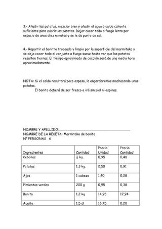3.- Añadir las patatas, mezclar bien y añadir el agua ó caldo caliente
suficiente para cubrir las patatas. Dejar cocer todo a fuego lento por
espacio de unos diez minutos y se le da punto de sal.
4.- Repartir el bonitro troceado y limpio por la superficie del marmitako y
se deja cocer todo el conjunto a fuego suave hasta ver que las patatas
resulten tiernas. El tiempo aproximado de cocción será de una media hora
aproximadamente.
NOTA: Si el caldo resultará poco espeso, lo engordaremos machacando unas
patatas.
El bonito deberá de ser fresco e irá sin piel ni espinas.
NOMBRE Y APELLIDO:…………………………………………………………………………………….
NOMBRE DE LA RECETA: Marmitako de bonito
Nº PERSONAS 6
Ingredientes Cantidad
Precio
Unidad
Precio
Cantidad
Cebollas ½ kg. 0,95 0,48
Patatas 1,3 kg. 2,50 0,91
Ajos 1 cabeza 1,40 0,28
Pimientos verdes 200 g 0,95 0,38
Bonito 1,2 kg 14,95 17,94
Aceite 1,5 dl 16,75 0,20
 