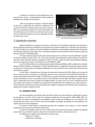 A segurança contra incêndio no Brasil 315
• Envolver os membros da comunidade local no de-
senvolvimento, testes e implementação do plano global de
atendimento a situações de emergência.
Sabe-se que algumas empresas e algumas regiões
do País têm se organizado para enfrentar emergências, mas
a grande maioria das empresas parece que pouco se preocu-
pam com as possíveis emergências de modo antecipado, mas
somente depois que elas ocorrem, motivo pelo qual se apre-
senta resumidamente algumas normas e legislação brasileira
em vigor sobre o tema.
3.Legislaçãoenormas
Apesar da existência de algumas leis esparsas, ainda não há uma codificação legislativa que trate dos di-
ferentes aspectos referentes às emergências, das pequenas às grandes emergências, ou desastres, que já passam a
ser ações de defesa civil. Embora os manuais de defesa civil abordem a necessidade de planejamento, há no Brasil
uma idéia generalizada “de que defesa civil e a atenção aos desastres são basicamente, atuar durante ou depois do
desastre acontecer” (MI/SEDEC 2002).
Ao longo do tempo algumas ações vêm sendo tomadas como o seminário “10 anos de Bhopal” realizado
em 1994 na cidade do Rio de Janeiro - RJ, “O Primeiro Seminário sobre Acidentes Químicos Maiores” em 1995 e o
seminário sobre “Acidentes Químicos Ampliados no Brasil” em 1997, ocasião em que foi encaminhada solicitação,
para que o Congresso assinasse a Convenção 174 da OIT (FREITAS, 2000).
A Lei nº 6.938 de 1981 cria o Conselho Nacional do Meio Ambiente (BRASIL, 1981) e dispõe sobre a Política
Nacional de Meio Ambiente. A Resolução nº. 001 de 23/01/86 instituiu a obrigação de Estudos de Impacto Ambien-
tal (EIA) para o licenciamento de atividades modificadoras do meio ambiente. Esses estudos são instrumentos de
avaliação dos impactos.
Em São Paulo, a Companhia de Tecnologia de Saneamento Ambiental (CETESB, 2006), que já atuava de
forma corretiva, passou a incorporar os estudos de análise de riscos no processo de licenciamento ambiental, vi-
sando à prevenção de acidentes. Em 1990, a CETESB editou o primeiro “Manual de orientação para a elaboração de
estudos de análise de riscos”. A sua última versão é a norma CETESB 4.216, de 2003. São dadas instruções básicas
sobre a elaboração de um Plano de Ação de Emergência (PAE), que deve incluir itens como: estabelecimento de
uma equipe para atuação em emergências, preparação de procedimentos de emergência para cada cenário aci-
dental, definição do local da central da coordenação da emergência, programa de treinamento para emergências e
programas de revisão e auditoria do PAE.
3.1. Normas OSHA
Uma das publicações nos Estados Unidos da América (EUA), que visam estimular a elaboração de planos
de emergência, é o livreto “How to plan for workplace emergencies and evacuations” (OSHA 3088, 2001). Ele
orienta que nem todos os empregadores são obrigados a fazer um plano de emergência em suas empresas, mas
recomenda que o façam, pois é um bom modo do empregador se proteger, de proteger seus empregados e seu
negócio caso ocorra uma emergência.
As normas da OSHA exigem a elaboração de planos de emergência, mas a básica é a norma 1910.38
(Emergency action plans) cujos principais aspectos são:
• O plano de emergência deve ser escrito. O plano deve estar disponível para todo e qualquer empregado
possa analisar seu conteúdo. Quando o número de funcionários for até dez, o plano pode ser oral.
• É exigido que se elaborem procedimentos no mínimo para:
	 o Relatar um incêndio.
	 o Abandonar a edificação.
Figura 01 - Extinção de incêndio provocado por queda de aeronave
Fonte: Corpo de Bombeiros de São Paulo. 2007
 