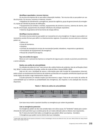 A segurança contra incêndio no Brasil 319
Identifique capacidades e recursos internos:
Os recursos da empresa são os que estão à disposição imediata. Tais recursos são os que podem ser usa-
dos de pronto. Os recursos, humanos e materiais, incluem:
• Brigadistas de atendimento a emergências, pessoal de vigilância, grupo de gerenciamento de emergên-
cia, equipe de retirada de pessoas de edificações.
• Equipamentos de combate a incêndio, equipamentos de primeiros socorros, sistemas de alarme, siste-
mas de comunicação, equipamentos de proteção individual e de proteção respiratória.
• Sistemas de geradores de fornecimento de energia elétrica.
Identifique recursos externos:
Há muitos recursos externos que podem ser necessários em uma emergência. Em alguns casos podem ser
necessários acordos formais para definir os relacionamentos regionais. Os possíveis recursos externos a empresa
podem ser:
• Defesa civil.
• Corpo de bombeiros.
• Hospitais.
• Contrato de prestação de serviços de manutenção (predial, elevadores, maquinários e geradores).
• Fornecedores de equipamentos de emergência.
• Pessoal de companhia de seguros.
Faça uma análise do seguro:
Reúna-se com o pessoal da empresa ou companhia de seguros para e estude os possíveis procedimentos
a serem adotados.
Realize uma análise de vulnerabilidade:
Os métodos de análise de risco4
mais comuns são: análise histórica de acidentes, lista de verificações (check
list), What if, análise preliminar de perigo; análise de modo de falha e Hazop (SERPA, 2000).
Hoje em dia, com a facilidade de acesso a informações pela rede mundial de computadores (internet),
pode-se fazer um levantamento de históricos de acidentes acontecidos em ocupações semelhantes àquela que está
sendo objeto de estudos é algo relativamente simples e útil.
O Guide apresenta um método simples que descrevemos a seguir. Trata-se de uma matriz de análise de
vulnerabilidade que se estimam as probabilidades das emergências, dos impactos e uma avaliação dos recursos
disponíveis.
Tabela 2 - Matriz de análise de vulnerabilidade
Com base nessa matriz é possível classificar as emergências por ordem de gravidade.
Liste as emergências potenciais:
As emergências podem ser dos mais variados tipos e ter várias causas. Os “lembretes” abaixo para o preen-
chimento da matriz permitem que o analista pense de um modo ordenado sobre os fatores mais importantes.
Na 1ª coluna da matriz liste todas as emergências que podem afetar sua empresa. Considere:
• Emergências que podem ocorrer dentro das tuas instalações.
4
A NFPA 1600, edição 2000 trata da resposta aos desastres e arrola as metodologias e técnicas de análises de riscos, tais como: What if?;Check list; Hazop; Hazard
Studies; Falure modos; Fault tree
TIPO DE
EMERGÊNCIA
PROBABILIDADE
IMPACTO
HUMANO
IMPACTO
PATRIMÔNIO
IMPACTOS
NEGÓCIOS
RECURSOS
INTERNOS
RECURSOS
EXTERNOS
TOTAL
Alta Baixa
5 1
Alto 5 < > 1 Baixo
Recursos
Fracos 5
Recursos
Fortes 1
Fonte: FEMA.
 