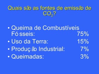 Quais são as fontes de emissão de CO 2 ? Queima de Combustíveis Fósseis: 75% Uso da Terra: 15% Produção Industrial:   7% Queimadas:   3% 