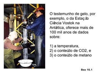 Box 16.1 O testemunho de gelo, por exemplo, o da Estação Ciência Vostok na Antártica, oferece mais de 100 mil anos de dados sobre:  1) a temperatura,  2) o conteúdo de CO2, e  3) o conteúdo de metano    
