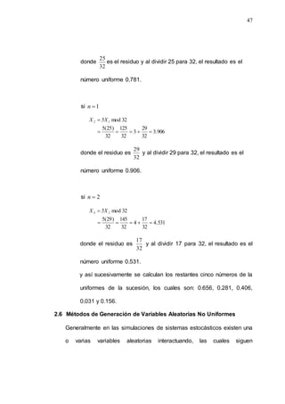 47
donde
32
25
es el residuo y al dividir 25 para 32, el resultado es el
número uniforme 0.781.
si 1

n
906
.
3
32
29
3
32
125
32
)
25
(
5
32
mod





 1
2 5X
X
donde el residuo es
32
29
y al dividir 29 para 32, el resultado es el
número uniforme 0.906.
si 2

n
531
.
4
32
17
4
32
145
32
)
29
(
5
32
mod





 2
3 5X
X
donde el residuo es
32
17
y al dividir 17 para 32, el resultado es el
número uniforme 0.531.
y así sucesivamente se calculan los restantes cinco números de la
uniformes de la sucesión, los cuales son: 0.656, 0.281, 0.406,
0.031 y 0.156.
2.6 Métodos de Generación de Variables Aleatorias No Uniformes
Generalmente en las simulaciones de sistemas estocásticos existen una
o varias variables aleatorias interactuando, las cuales siguen
 